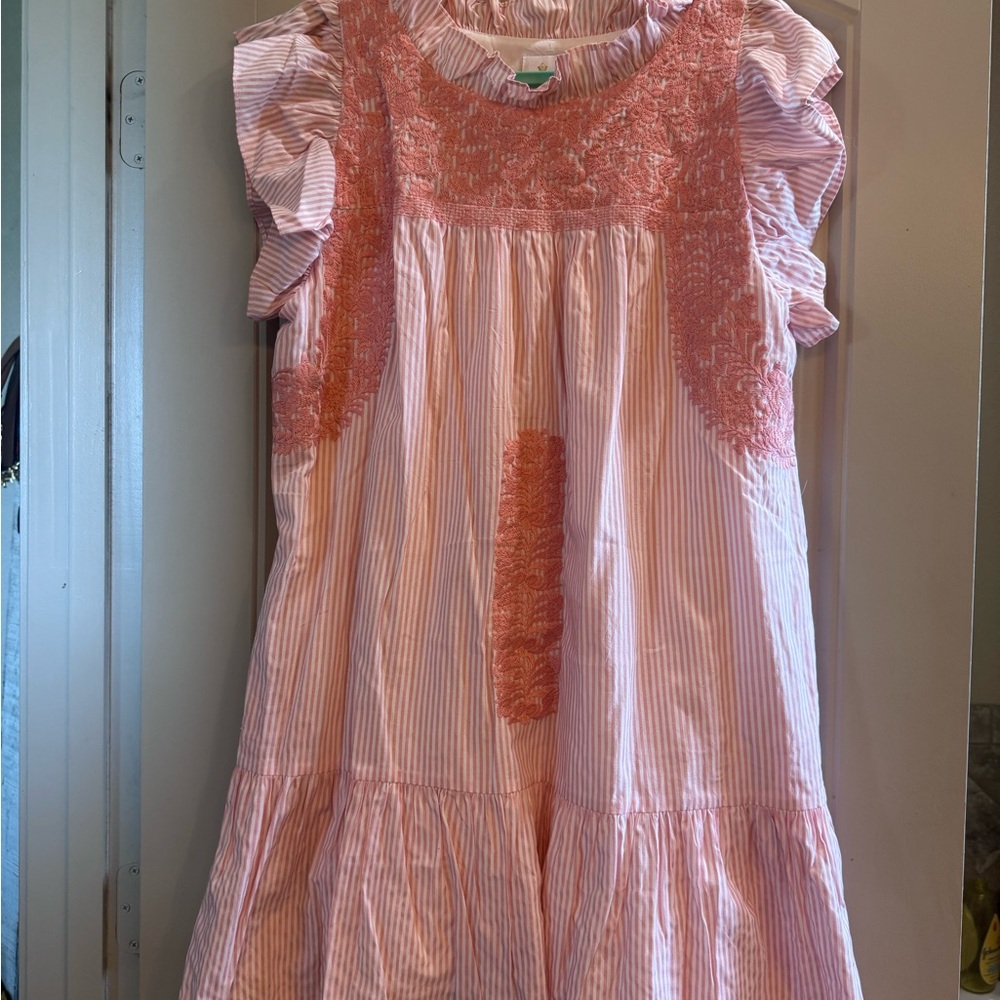Elegant Pink Striped Mini Dress with Lace